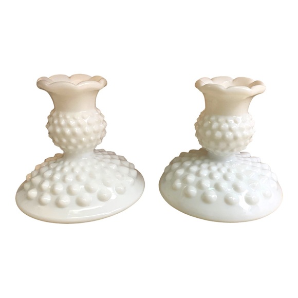VTG Fenton Hobnob Milk Glass Ceramic Candlestick Holders Pair Collectible Chic - Picture 4 of 9